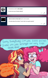 Size: 1280x2080 | Tagged: safe, artist:ask-sunpie, artist:wimsie, pinkie pie, sunset shimmer, human, tumblr:ask sunpie, g4, ask, blouse, clothes, comic, dialogue, dress, duo, female, holding hands, humanized, lesbian, ribbon, ship:sunsetpie, shipping, shirt