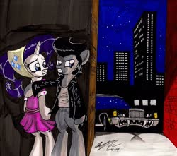 Size: 951x841 | Tagged: safe, artist:newyorkx3, rarity, oc, oc:sketchy, earth pony, pony, unicorn, g4, camping outfit, canon x oc, city, clothes, dress, fangs, female, ghost car, horn, jacket, leather jacket, light, lincoln (car), lincoln continental, male, mare, night, stallion, traditional art