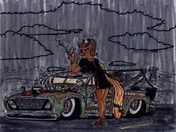 Size: 900x677 | Tagged: safe, artist:sketchywolf-13, oc, oc only, earth pony, anthro, 2012, clothes, dress, gun, handgun, looking over shoulder, rain, rockabilly, shooting, text, traditional art, truck, vehicle, weapon