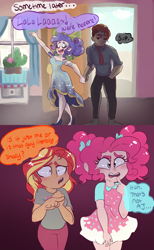 Size: 1280x2080 | Tagged: safe, artist:ask-sunpie, artist:wimsie, pinkie pie, rarity, sunset shimmer, oc, oc:shade, human, tumblr:ask sunpie, g4, blouse, cactus, clothes, cloud, comic, dialogue, door, dress, ear piercing, earring, female, holding hands, humanized, jewelry, lesbian, necktie, pants, piercing, shadow, ship:sunsetpie, shipping, shirt, shoes, sky, window