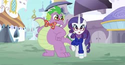 Size: 1280x666 | Tagged: safe, artist:aleximusprime, artist:disneymarvel96, rarity, spike, g4, canterlot, fat, fat spike, female, larger male, male, ship:sparity, shipping, size difference, smaller female, straight