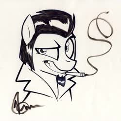 Size: 1024x1030 | Tagged: safe, artist:sibsy, oc, oc only, oc:sketchy, earth pony, pony, 2013, cigarette, clothes, dreamworks face, jacket, leather, leather jacket, male, monochrome, ponysona, self portrait, signature, smiling, smoking, solo, stallion, traditional art
