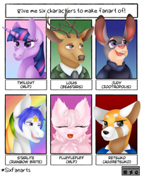 Size: 2413x3000 | Tagged: safe, artist:lavenderhooves, twilight sparkle, oc, oc:fluffle puff, deer, red panda, unicorn, anthro, g4, :p, aggretsuko, anthro with ponies, antlers, beastars, clothes, crossover, eyelashes, eyes closed, female, fluffy, high res, judy hopps, louis (beastars), male, mare, necktie, one eye closed, rainbow brite, retsuko, sanrio, six fanarts, starlite, tongue out, unicorn twilight, wink, zootopia