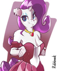 Size: 1024x1280 | Tagged: safe, artist:pudutoast, rarity, unicorn, anthro, g4, clothes, dress, ear piercing, earring, female, jewelry, mare, piercing, simple background, simple shading, solo