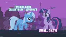 Size: 1280x720 | Tagged: safe, edit, edited screencap, screencap, trixie, twilight sparkle, pony, unicorn, boast busters, g4, female, i just called to say i love you, lesbian, reference, ship:twixie, shipping, song reference, stevie wonder, text, unicorn twilight