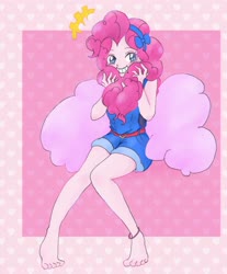 Size: 1528x1845 | Tagged: safe, artist:suke2242, pinkie pie, equestria girls, g4, abstract background, anklet, barefoot, belt, clothes, cute, diapinkes, feet, female, happy, heart, overalls, pink cloud, shirt, shorts, smiling, solo