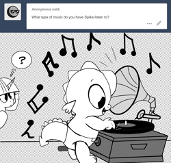 Size: 896x853 | Tagged: safe, artist:mamatwilightsparkle, spike, twilight sparkle, tumblr:mama twilight sparkle, g4, baby, baby spike, comic, curious, diaper, mama twilight, monochrome, music, music notes, record, record player, tumblr, younger