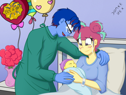 Size: 2000x1500 | Tagged: safe, artist:drake-rex, sour sweet, oc, oc:citrus flare, oc:sparks, equestria girls, g4, baby, balloon, bed, canon x oc, commission, crying, female, glasses, hospital, male, momma sour sweet, newborn, offspring, parent:oc:sparks, parent:sour sweet, parents:canon x oc, parents:sourks, shipping, sourks, straight, tears of joy, trio