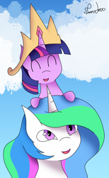 Size: 1106x1792 | Tagged: safe, artist:francis-márt, princess celestia, twilight sparkle, pony, g4, accessory swap, bust, cloud, crown, cute, duo, eyes closed, female, happy, jewelry, mare, open mouth, ponies riding ponies, portrait, regalia, riding, sky, twilight riding celestia