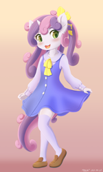 Size: 900x1500 | Tagged: safe, artist:symbianl, sweetie belle, unicorn, anthro, plantigrade anthro, blushing, bow, cheek fluff, clothes, cute, diasweetes, dress, ear fluff, female, filly, gradient background, hair bow, kneesocks, open mouth, socks, solo, stockings, thigh highs
