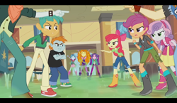 Size: 1482x857 | Tagged: safe, screencap, adagio dazzle, apple bloom, aria blaze, scootaloo, scott green, snails, snips, sonata dusk, sweetie belle, valhallen, equestria girls, g4, my little pony equestria girls: rainbow rocks, angry, apple bloom's bow, boots, bow, cafeteria, clothes, cutie mark crusaders, hair bow, hoodie, jeans, negative energy, pants, pointing, shirt, shoes, shorts, skirt, the dazzlings