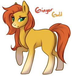 Size: 632x670 | Tagged: safe, artist:amiookamiwolf, oc, oc only, oc:ginger gold, earth pony, pony, blank flank, female, mare, offspring, parent:big macintosh, parent:fluttershy, parents:fluttermac, raised hoof, simple background, solo, transparent background
