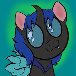 Size: 601x601 | Tagged: safe, artist:amynewblue, oc, oc only, oc:swift dawn, changeling, pony, blue changeling, blue eyes, changeling oc, commission, fangs, owo, simple background, smiling, smiling at you, solo, ych result