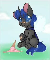 Size: 1500x1800 | Tagged: safe, artist:fanaticpanda, oc, oc only, oc:swift dawn, changeling, pony, bandage, bandaid, bandaid on nose, blue changeling, blue eyes, changeling oc, commission, dropped ice cream, fangs, food, ice cream, ice cream cone, sad, simple background, sitting, solo, teary eyes, ych result