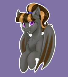 Size: 1500x1700 | Tagged: safe, artist:fanaticpanda, oc, oc only, oc:mythic dawn, bat pony, pony, bat pony oc, bat wings, bust, commission, fangs, looking at you, ponytail, portrait, purple eyes, simple background, smiling, solo, wings