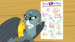 Size: 1280x720 | Tagged: safe, edit, edited screencap, screencap, gabby, griffon, mouse, pony, rabbit, squirrel, g4, the fault in our cutie marks, animal, baby, baby pony, baseball, baseball bat, beak, beakless, bowl, braces, cartoon physics, cauldron, diving, female, flower, football, i have no mouth and i must scream, implied apple bloom, implied scootaloo, implied sweetie belle, missing body part, modular, music notes, musical instrument, no mouth, no nose, paint can, paintbrush, pointing, poking, ship, solo, sports, spread wings, trumpet, weight, wings