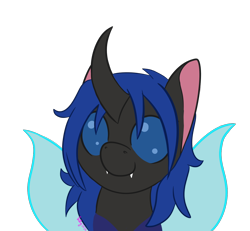 Size: 1300x1200 | Tagged: safe, artist:inkynotebook, part of a set, oc, oc only, oc:swift dawn, changeling, changeling queen, pony, blue changeling, blue eyes, changeling oc, changeling queen oc, commission, curved horn, fangs, horn, simple background, smiling, solo, transparent background, ych result