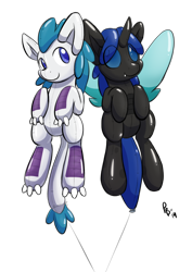 Size: 1358x1922 | Tagged: safe, artist:ponballoon, oc, oc only, oc:ketten moon, oc:swift dawn, balloon pony, changeling, inflatable pony, kirin, pony, balloon, blue changeling, blue eyes, changeling oc, commission, fangs, floating, kirin oc, simple background, smiling, transparent background