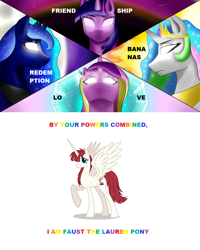 Size: 1280x1604 | Tagged: artist needed, safe, artist:flaxen's art corner, edit, princess cadance, princess celestia, princess luna, twilight sparkle, oc, oc:fausticorn, alicorn, pony, g4, alicorn tetrarchy, captain planet and the planeteers, glowing eyes, reference, text, twilight sparkle (alicorn), wallpaper