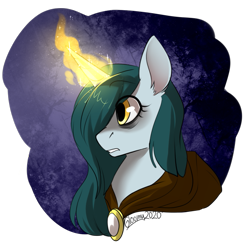 Size: 953x950 | Tagged: safe, artist:cosmalumi, oc, oc only, oc:bright eyes, pony, unicorn, bags under eyes, cloak, clothes, magic, magic aura, simple background, solo, transparent background