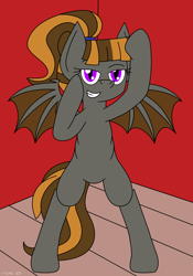 Size: 2816x4032 | Tagged: safe, artist:toonboy92484, oc, oc only, oc:mythic dawn, bat pony, pony, bat pony oc, bat wings, commission, hooves up, looking at you, ponytail, purple eyes, smiling, smirk, solo, wings, ych result