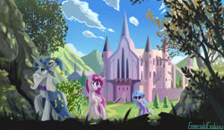 Size: 3600x2100 | Tagged: safe, artist:emeraldgalaxy, princess celestia, princess luna, star swirl the bearded, alicorn, pony, unicorn, g4, beard, cape, castle, castle of the royal pony sisters, clothes, facial hair, female, filly, foal, high res, male, moustache, pink-mane celestia, royal sisters, signature, stallion, trio, woona, younger