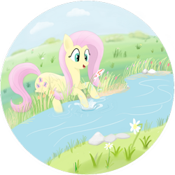Size: 600x600 | Tagged: safe, artist:addelum, fluttershy, fish, pegasus, pony, g4, female, flower, grass, happy, mare, open mouth, prone, river, smiling, solo