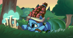 Size: 5250x2700 | Tagged: safe, artist:silverhopexiii, meadowbrook, earth pony, pony, g4, bioluminescent, cute, female, glasses, high res, mare, meadowcute, mushroom, prone, solo