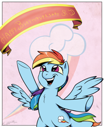 Size: 2050x2500 | Tagged: safe, artist:silverhopexiii, rainbow dash, pegasus, pony, g4, banner, female, flying, happy, high res, pink eyes, smiling, solo