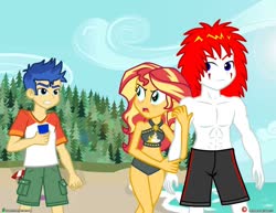 Size: 1280x989 | Tagged: safe, artist:dieart77, flash sentry, sunset shimmer, oc, oc:eternal flames, equestria girls, g4, my little pony equestria girls: better together, abs, angry, beach, bikini, canon x oc, cargo shorts, clothes, commission, female, male, muscles, patreon, patreon commission, patreon logo, red hair, shipping, shorts, sunseternal, swimming trunks, swimsuit