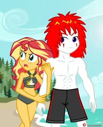 Size: 805x989 | Tagged: safe, artist:dieart77, edit, sunset shimmer, oc, oc:eternal flames, equestria girls, g4, my little pony equestria girls: better together, abs, angry, beach, bikini, canon x oc, clothes, cropped, female, fighting over boy, jealous, male, muscles, patreon, patreon logo, red hair, shipping, sky, sunseternal, swimsuit