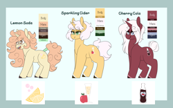Size: 4000x2500 | Tagged: safe, artist:liefsong, oc, oc:cherry cola, oc:lemon soda, oc:sparkling cider, pony, unicorn, color palette, cute, cutie mark, female, reference sheet, siblings, sisters, tail wrap, unshorn fetlocks, wingding eyes