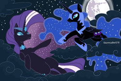 Size: 2160x1440 | Tagged: safe, artist:stormcaller078, nightmare moon, nightmare rarity, alicorn, pony, unicorn, g4, cloud, duo, ethereal mane, female, full moon, helmet, hoof shoes, lesbian, mare, mare in the moon, moon, night, on a cloud, peytral, self ponidox, selfcest, ship:dance of the nightmares, shipping, starry mane, stars, the creation of adam