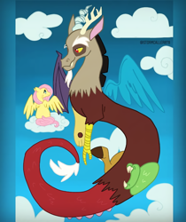 Size: 1440x1716 | Tagged: safe, artist:stormcaller078, discord, fluttershy, draconequus, pegasus, pony, g4, cloud, duo, female, flying, looking at each other, male, mare, on a cloud
