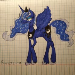 Size: 1080x1080 | Tagged: safe, artist:thevitiushadurachok, princess luna, alicorn, pony, g4, ethereal mane, female, graph paper, hoof shoes, jewelry, mare, peytral, signature, solo, starry mane, tiara, traditional art