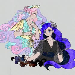 Size: 2048x2048 | Tagged: safe, artist:arcticfoxy4, princess celestia, princess luna, human, g4, breasts, cleavage, clothes, crown, dress, duo, ethereal mane, female, gray background, high res, humanized, jewelry, lantern, laurel wreath, paintbrush, painting, regalia, royal sisters, siblings, simple background, sisters, starry hair, tiara, woman