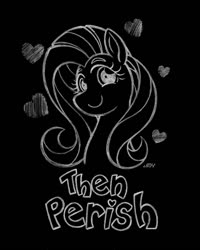 Size: 720x900 | Tagged: safe, artist:texasuberalles, fluttershy, pegasus, pony, g4, black background, bust, dissonant caption, female, grayscale, heart, looking at you, mare, monochrome, pencil drawing, simple background, solo, text, then perish, traditional art