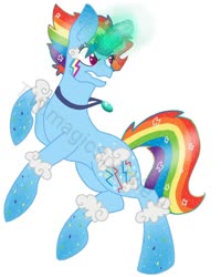 Size: 1080x1350 | Tagged: safe, artist:t.w.magicsparkel.9, oc, oc only, pony, unicorn, glowing horn, horn, jewelry, multicolored hair, necklace, not rainbow dash, rainbow hair, rearing, solo, tattoo, unicorn oc, watermark