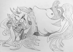 Size: 1080x766 | Tagged: safe, artist:charrbarz, princess luna, queen chrysalis, alicorn, changeling, changeling queen, pony, g4, chrysaluna, curved horn, female, grayscale, horn, hug, laughing, lesbian, mare, monochrome, shipping, traditional art