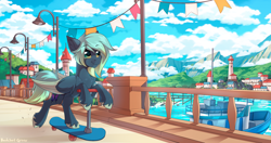 Size: 2100x1106 | Tagged: safe, artist:redchetgreen, oc, oc only, oc:jasmine skye, pegasus, pony, boat, bridge, cel shading, chest fluff, cloud, colored wings, concave belly, ear fluff, leg fluff, mountain, scenery, scenery porn, scooter, shading, sky, slender, solo, streetlight, thin, town, two toned wings, unshorn fetlocks, wings