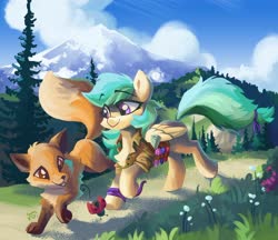 Size: 1920x1657 | Tagged: dead source, safe, artist:saxopi, oc, oc only, oc:summer ray, fox, insect, ladybug, pegasus, pony, clothes, flower, mountain, scenery, solo, tree