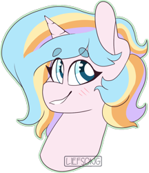 Size: 934x1082 | Tagged: safe, artist:liefsong, oc, oc:oofy colorful, pony, unicorn, blushing, bust, smiling