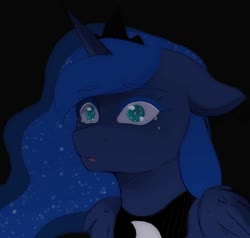 Size: 1080x1026 | Tagged: safe, artist:adostume, princess luna, alicorn, pony, g4, black background, bust, crying, ethereal mane, female, jewelry, mare, peytral, simple background, solo, starry mane, tiara