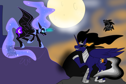 Size: 4500x3000 | Tagged: safe, artist:sapphirus, nightmare moon, oc, alicorn, pony, g4, luna eclipsed, alicorns, commission, confrontation, eclipse, female, luna is not amused, magic, male, mare, moon, offspring, parent:king sombra, sombra eyes, stallion, unamused