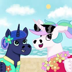 Size: 1080x1080 | Tagged: safe, artist:creations.by.aiden, princess celestia, princess luna, alicorn, pony, between dark and dawn, g4, :d, beach, clothes, cloud, ethereal mane, female, floral necklace, flower, flower in hair, huge nostrils, mare, siblings, sidemouth, sisters, starry mane, sun, sunglasses