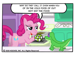 Size: 2048x1536 | Tagged: safe, artist:eels, gummy, pinkie pie, alligator, earth pony, pony, g4, butt, copypasta, dialogue, duo, engrish, female, garfield, male, mare, meme, oven, plot, ponified, ponified meme, speech bubble, stroke, why do they call it oven, word salad