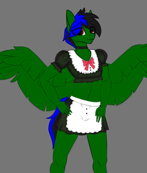 Size: 1700x2000 | Tagged: safe, artist:endelthepegasus, oc, oc only, oc:endel frostlion, anthro, anthro oc, choker, clothes, crossdressing, femboy, gray background, looking at you, male, simple background, smiling, solo, spread wings, wings