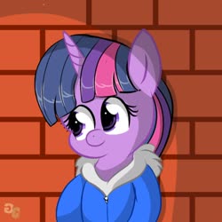 Size: 1268x1268 | Tagged: safe, artist:grithcourage, twilight sparkle, pony, unicorn, g4, adorable face, chibi, clothes, cute, female, jacket, looking at each other, solo, watermark