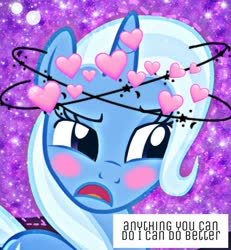 Size: 947x1024 | Tagged: safe, edit, edited screencap, screencap, trixie, pony, unicorn, g4, season 1, aesthetics, aside glance, blushing, female, floating heart, heart, looking sideways, looking to the right, mare, open mouth, purple eyes, quote, solo