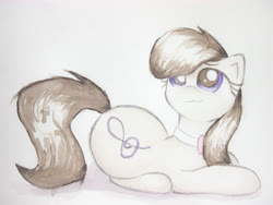 Size: 4032x3024 | Tagged: safe, artist:papersurgery, octavia melody, earth pony, pony, g4, female, looking up, mare, prone, ribbon, sitting, solo, traditional art, watercolor painting